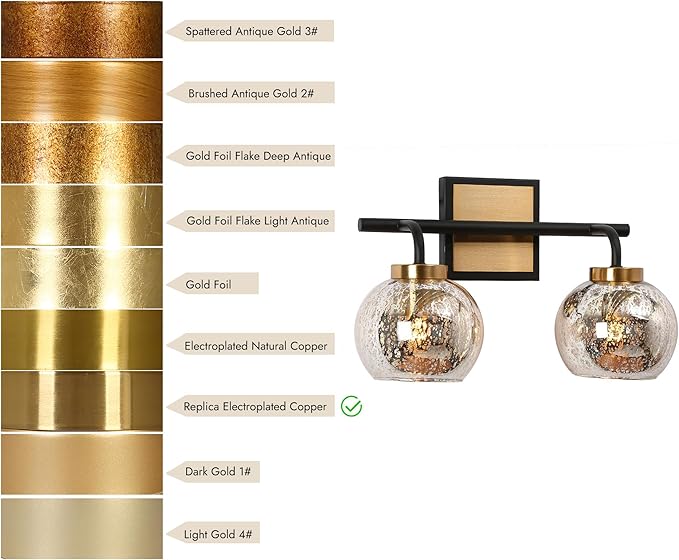 KSANA Black Gold Vanity Light, Modern Bathroom Light Fixture with Mercury Glass Shade, Brass 2-Light Globe Wall Sconce Over Mirror