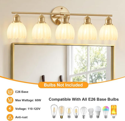 Bathroom Light Fixtures, 5-Light Brushed Gold Vanity Lights for Bathroom with White Tulip Glass Shade, 30" Vintage Bathroom Vanity Lighting Fixtures Over Mirror for Bedroom Living Room Hallway