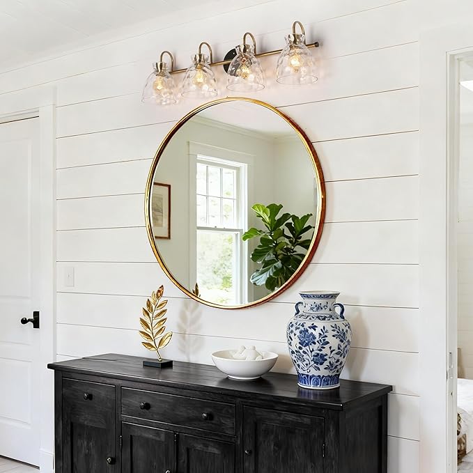 KSANA Bathroom Vanity Lights, Mid-Century Modern 4 Light Bathroom Light Fixtures Black and Electroplated Copper Vanity Lights with Water Ripple Glass
