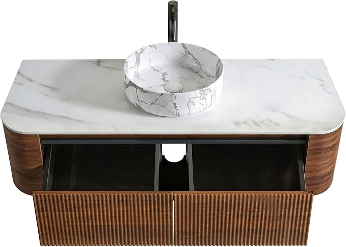 48" Preassembled Floating Bathroom Vanity with Carrara Finish Sink, Walnut | Mid-Century Modern Style, Fluted & Soft-Close Drawer with U-shaped Wall, Sinterted Stone Countertop, Towel Rack Included