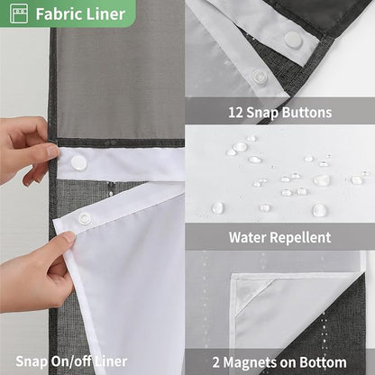 eachope No Hook Long Shower Curtain Set with Snap-in Fabric Liner,Linen Textured Thick Striped Fabric with Tassels,Boho Farmhouse Rustic Luxury Bathroom Curtain,Water-Repellent,Charcoal Grey,71x80 | 330GSM Thick Linen Textured Striped,Boho Farmhouse Ru...
