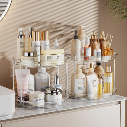 LAMU 2 Pack 2 Tier Lazy Susan Turntable Organizer 9.25'' Rotating Spice Rack Organization for Cabinet, Kitchen, Pantry, Countertop, Bathroom, Vanity, Medicine Cabinet Organizer, Clear