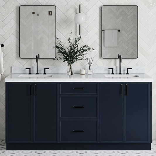ARIEL Kelly 72-inch Bathroom Vanity with Sink,Solid Wood, 1.5-inch Italian Carrara Marble Countertop, Double Rectangular Porcelain Sink, 4 Soft Closing Doors, 5 Dovetail Drawers, Midnight Blue