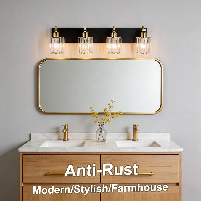 She's home 4 Light Crystal Vanity Lights for Bathroom - Black and Gold Modern Bathroom Vanity Lights Over Mirror 28 Inch, Bathroom Wall Lighting E26 Base