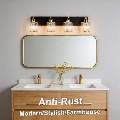 She's home 4 Light Crystal Vanity Lights for Bathroom - Black and Gold Modern Bathroom Vanity Lights Over Mirror 28 Inch, Bathroom Wall Lighting E26 Base