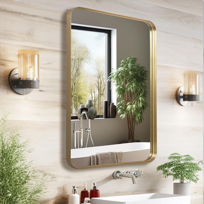 Anpark Wall Mirror 22" x 30" for Bathroom, Gold Metal Deep Frame, Rectangular Round Corner, Mounted Vanity Mirror for Bedroom, Living Room, Entryway Decor