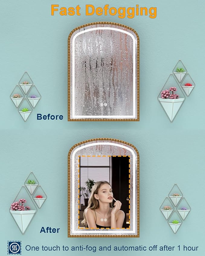 20x28 Inch Arched Medicine Cabinet with Mirror and Lights, LED Bathroom Mirror Cabinet with Defogging & Touch Light, Surface Mount and Recessed with 1 Storage Organizer, Daisy Beaded Frame Bling Gold