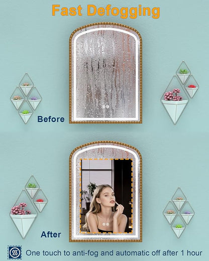 20x28 Inch Arched Medicine Cabinet with Mirror and Lights, LED Bathroom Mirror Cabinet with Defogging & Touch Light, Surface Mount and Recessed with 1 Storage Organizer, Daisy Beaded Frame Bling Gold