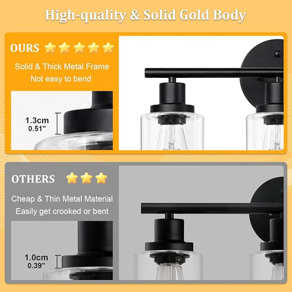 Unicozin Modern Bathroom Light Fixtures, 3 Light Vanity Lights with E26 Bulbs, Black Wall Lamp with Clear Glass for Mirror Living Room Hallway Cabinet Porch