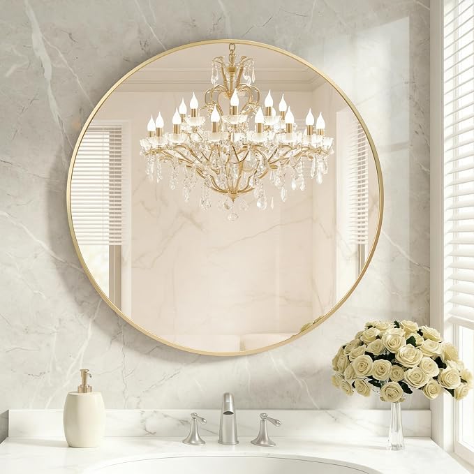 OLIXIS Bathroom Round Mirror for Over Sink, 36 in Wall Circle Mirror, Gold | Matte Brushed Metal Framed, Modern Wall Mount Vanity Mirrors for Home Decor, Living Room, Bedroom