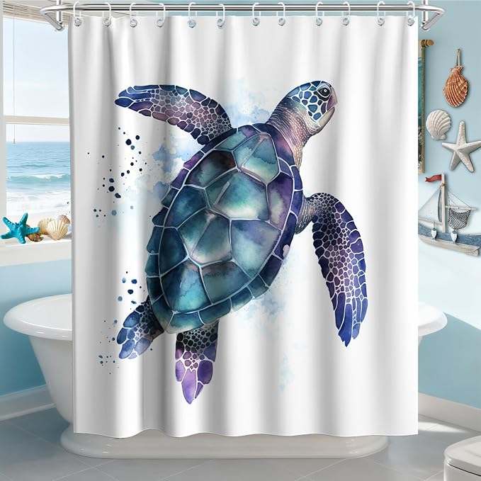 Funny Sea Turtle Shower Curtains Ocean Animal Cartoon Kids Theme Cloth Fabric Bathroom Decor Sets with Hooks Waterproof Washable 72W x 84H inches Teal Purple