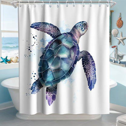 Funny Sea Turtle Shower Curtains Ocean Animal Cartoon Kids Theme Cloth Fabric Bathroom Decor Sets with Hooks Waterproof Washable 72W x 84H inches Teal Purple