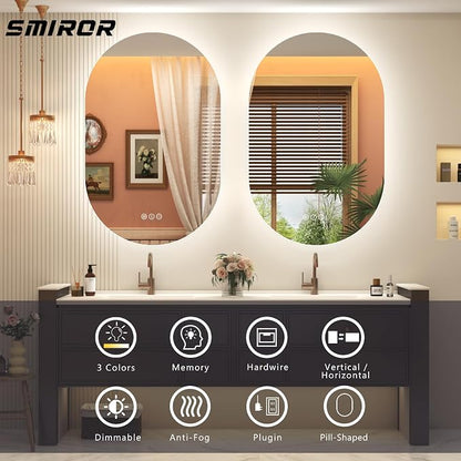 SMIROR 28x36 Oval Backlit LED Bathroom Vanity Mirror with Lights for Wall | Pill-Shaped, 3 Color Lighting, Anti-Fog, Memory, Tempered Glass, UL, Horizontal/ Vertical Wall- Mounted