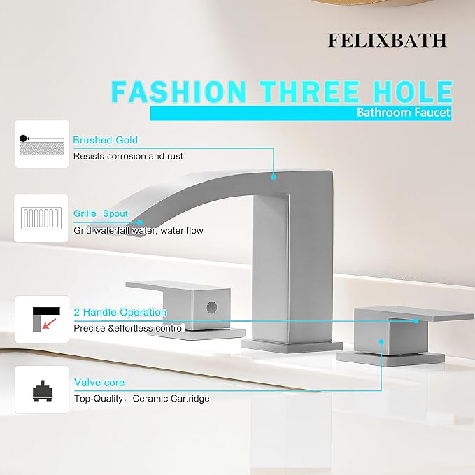 Waterfall Bathroom Faucets Brushed Nickel, 3 Hole Bathroom Sink Faucet, 8 inch Widespread Bathroom Sink Faucet with Pop Up Drain, 2 Handles Modern Vanity Faucet with Supply Lines
