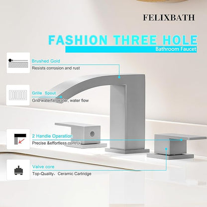 Waterfall Bathroom Faucets Brushed Nickel, 3 Hole Bathroom Sink Faucet, 8 inch Widespread Bathroom Sink Faucet with Pop Up Drain, 2 Handles Modern Vanity Faucet with Supply Lines