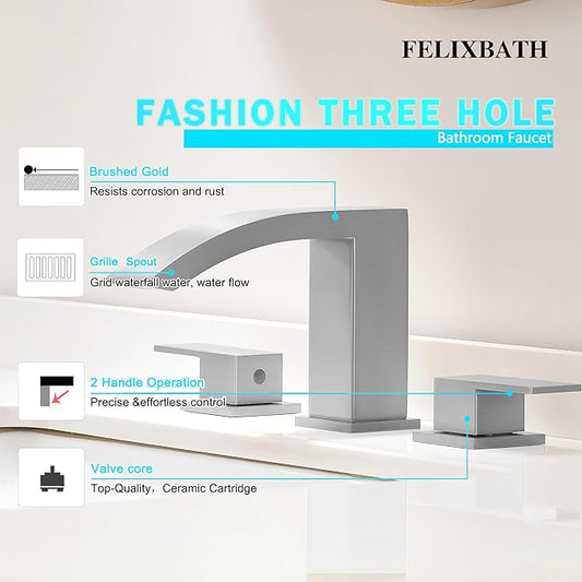 Waterfall Bathroom Faucets Brushed Nickel, 3 Hole Bathroom Sink Faucet, 8 inch Widespread Bathroom Sink Faucet with Pop Up Drain, 2 Handles Modern Vanity Faucet with Supply Lines