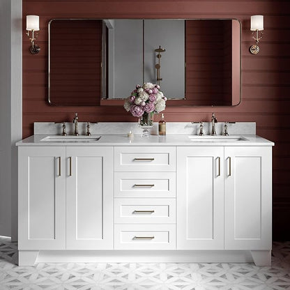 ARIEL Taylor 72-inch Bathroom Vanity with Sink,Solid Wood, 0.75-inch Italian Carrara Marble Countertop, Double Rectangular Porcelain Sink, 4 Soft Closing Doors, 6 Dovetail Drawers, White