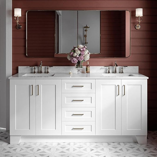 ARIEL Taylor 72-inch Bathroom Vanity with Sink,Solid Wood, 0.75-inch Italian Carrara Marble Countertop, Double Rectangular Porcelain Sink, 4 Soft Closing Doors, 6 Dovetail Drawers, White