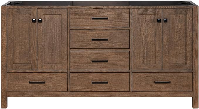ARIEL Cambridge 66-inch Bathroom Vanity Base Cabinet,Solid Wood, 4 Soft Closing Doors, 6 Dovetail Drawers, Brown Oak