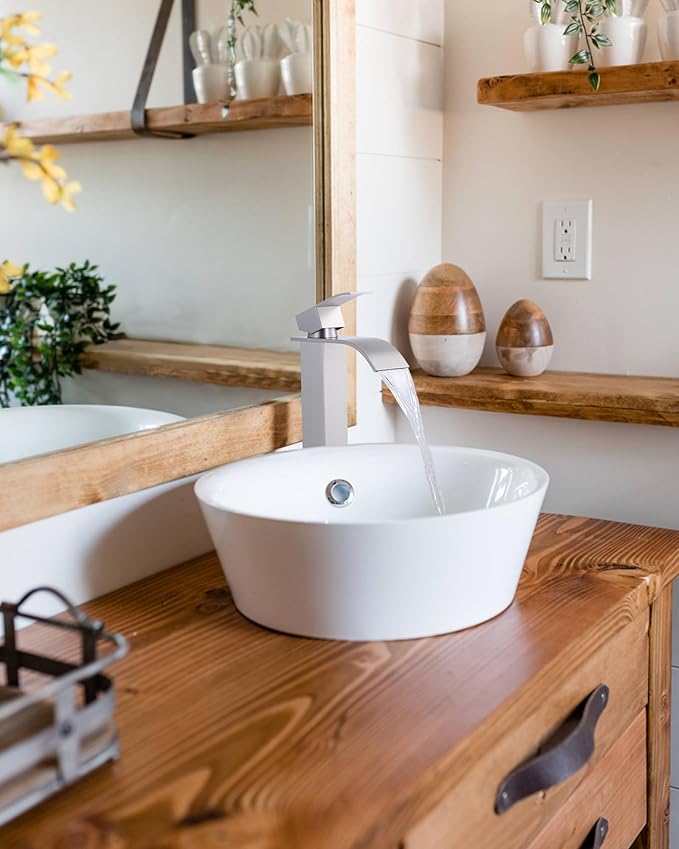 Vessel Sink Faucet Brushed Nickel: ARCORA Single Hole Tall Bathroom Faucet, Single Handle Tall Waterfall Bathroom Faucet with Pop Up Drain and cUPC Supply Lines