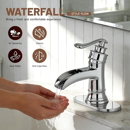 Bathroom Faucet Chrome Waterfall Bathroom Sink Faucets & Parts | with Pop Up Drain Stopper with Overflow Single Handle Single Hole Vanity Commercial Trough Supply Lines Hose Lead-Free