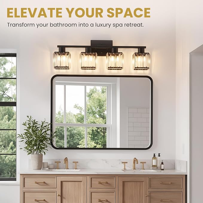 Crystal Bathroom Light Fixtures, 4-Light Matte Black, Vanity Lights for Bathroom Over Mirror, Modern Bath Wall Sconce for Mirror Bedroom Living Room