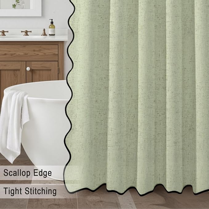 Scalloped Shower Curtain Linen Boho Flax Green 72" W x 84" L | Linen Fabric, Black Border, Washable, Heavy Duty Cloth, Shower Curtain for Boho Farmhouse Bathroom Bathtub