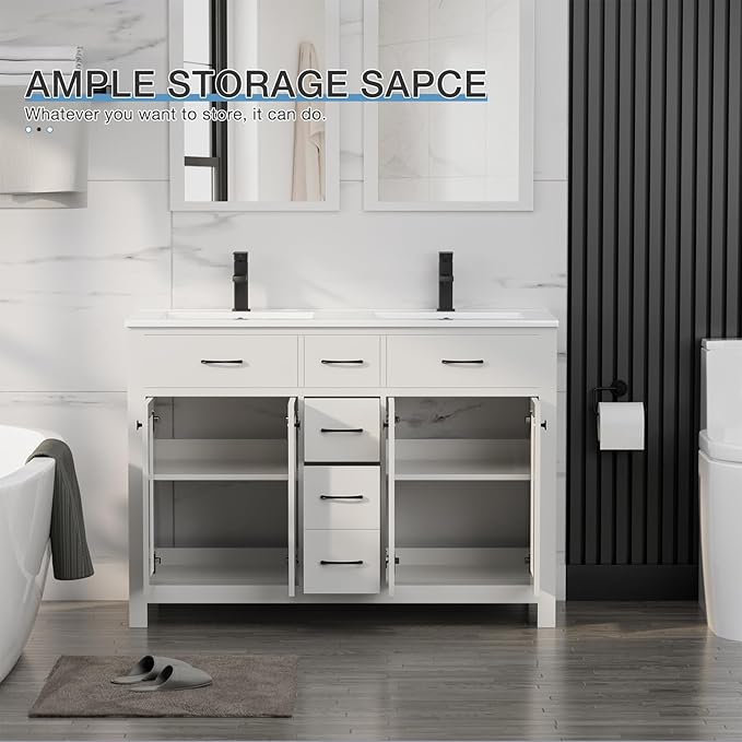 LUCKWIND 48" Modern Bathroom Vanity and Sink, Painted Bathroom Storage Cabinet with Double Sink, Four Doors and Three Drawers, Include Faucet Without Mirror, White