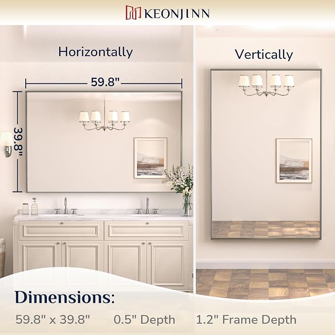 Keonjinn 60x40 Inch Nickel Bathroom Mirror for Over Sink, Rectangular | HD Tempered Glass, Vanity Mirror, Brushed Framed, Square Corner, Modern Farmhouse, Wall Mounted Mirrors, Aluminum Alloy