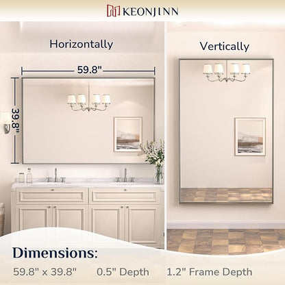 Keonjinn 60x40 Inch Nickel Bathroom Mirror for Over Sink, Rectangular | HD Tempered Glass, Vanity Mirror, Brushed Framed, Square Corner, Modern Farmhouse, Wall Mounted Mirrors, Aluminum Alloy