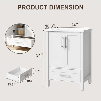 Garvee 24" Bathroom Vanity with Sink, Freestanding Bathroom Cabinet | White Bathroom Vanity Cabinet With Waterproof And Adjustable Foot & Soft-Door & Drawer & Metal Handle Easy Assembly