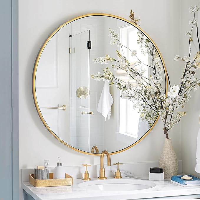 Gold Round Mirror, 24 inch Circle Mirror, Brushed Gold Metal Frame | High Definition, Waterproof, Rust-resistant, Circle Mirror for Bathroom, Bedroom, Entryway, Living Room, Wall Décor