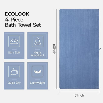 ecolook Microfiber Bath Towels Set of 4, 31 x 63 Inch Extra Large Bath Towel Set, Super Soft & Highly Absorbent, Quick Dry Lightweight Towels for Bathroom, Gym, Spa, Pool & Travel, Blue & Gray