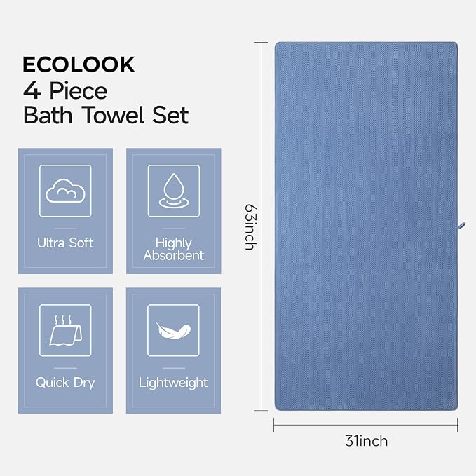 ecolook Microfiber Bath Towels Set of 2, 31 x 63 Inch Extra Large Bath Towel Set, Super Soft & Highly Absorbent, Quick Dry Lightweight Towels for Bathroom, Gym, Spa, Pool & Travel, Navy Blue