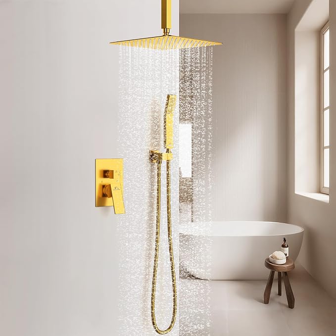 SunCleanse Rainfall Shower System with High Pressure in Brushed Gold | Ceiling mounted shower combo set featuring a 12" square rain head, handheld spray, and rough-in mixer valve with trim.