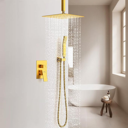 SunCleanse Rainfall Shower System with High Pressure in Brushed Gold | Ceiling mounted shower combo set featuring a 12" square rain head, handheld spray, and rough-in mixer valve with trim.