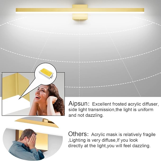 Aipsun Gold Bathroom Light Fixtures 40inch Modern LED Vanity Light for Bathroom Gold Vanity Lights Fixtures 5500K