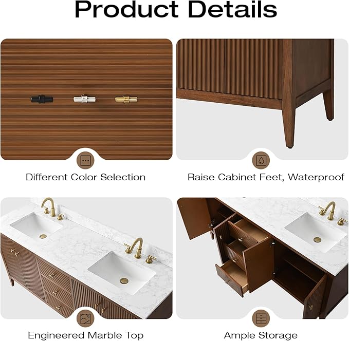 Vanity Art 72 inch Walnut Bathroom Vanity with Double Sink & Ceramic Top, Vanity Cabinet with Soft-Closing Door, Solid Wood Frame, Linear Pattern, Walnut, VA9172-DWalnut-MB,Matte Black Handles