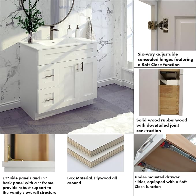 36" White Shaker Bathroom Vanity Base – Ready-to-Assemble Sink Cabinet with Drawers, Freestanding Bathroom Vanity Base Only, No Top or Sink