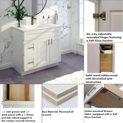 36" White Shaker Bathroom Vanity Base – Ready-to-Assemble Sink Cabinet with Drawers, Freestanding Bathroom Vanity Base Only, No Top or Sink