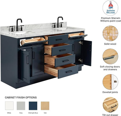 Isabella 66" Midnight Blue Double Bathroom Vanity, 1.5" Edge Italian Carrara Marble Countertop, Rectangular Sinks, 4 Soft Closing Doors, 6 Dovetail Drawers