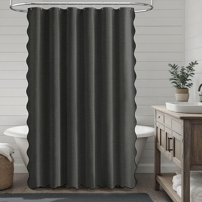 BTTN Extra long Shower Curtain, 72x84 Scalloped Boho Linen Textured Heavy Duty Cloth Shower Curtain Set with 12 Hooks, Tall Modern Farmhouse Waterproof Fabric Shower Curtain for Bathtub, Charcoal Grey