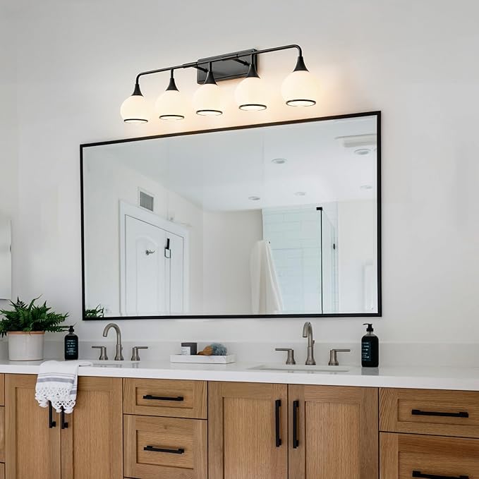 Black Bathroom Light Fixtures 5-Lights Vanity Lights with Milky White Frosted Glass Shade Bathroom Vanity Light 39.2 inch Wall Sconce Lighting Bath(Exclude E26 Bulb)