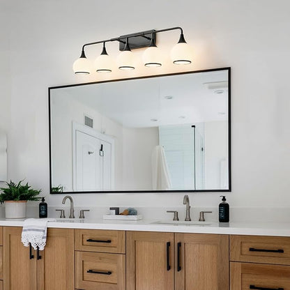 Black Bathroom Light Fixtures 5-Lights Vanity Lights with Milky White Frosted Glass Shade Bathroom Vanity Light 39.2 inch Wall Sconce Lighting Bath(Exclude E26 Bulb)