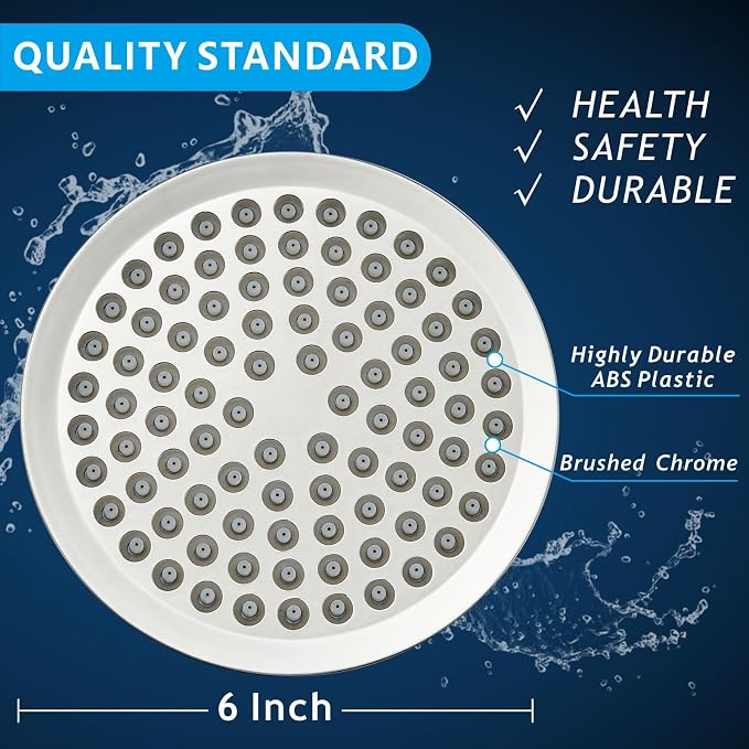 Voolan High Pressure Rain Shower Head - Luxury Modern Look - The Perfect Adjustable Replacement For Your Bathroom Showerhead - Comfortable Shower Experience Even at Low Water Flow (6“ Brushed Chrome)