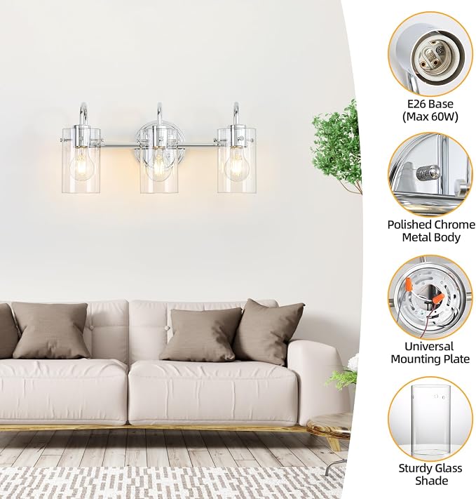 3 Lights Vanity Light, Bathroom Wall Light Fixture Over Mirror | Modern Metal Wall Sconce with Clear Glass Shade, Farmhouse Wall Mount Lamp for Washroom, Bathroom Living Room, Workshop