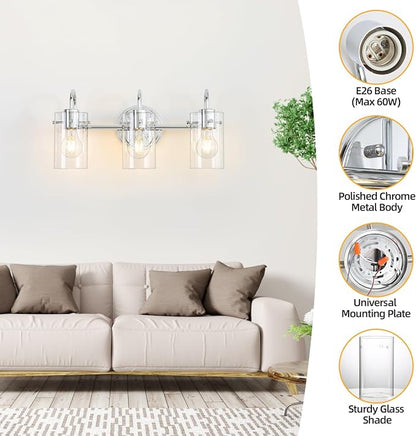 3 Lights Vanity Light, Bathroom Wall Light Fixture Over Mirror | Modern Metal Wall Sconce with Clear Glass Shade, Farmhouse Wall Mount Lamp for Washroom, Bathroom Living Room, Workshop
