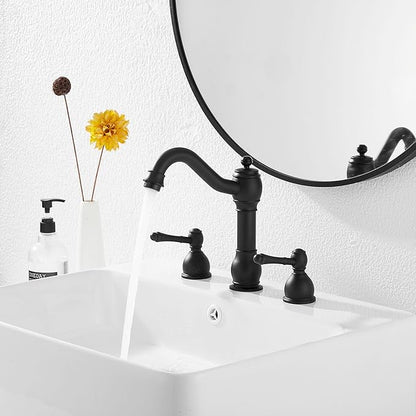 GGStudy 2 Handles 3 Holes Faucet Widespread Bathroom Sink Faucet Basin Tap Mixer Supply Hose Included Matching Pop Up Drain Matte Black