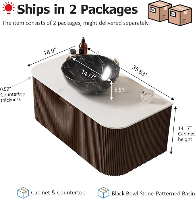 36" Floating Bathroom Vanity with Sink, Modern Bathroom Cabinet with Ultra-Thin Vessel Bowl Shape Ceramic Basin and Marble Countertop, Large Storage Drawer, Soft-Close Design, Dark Walnut