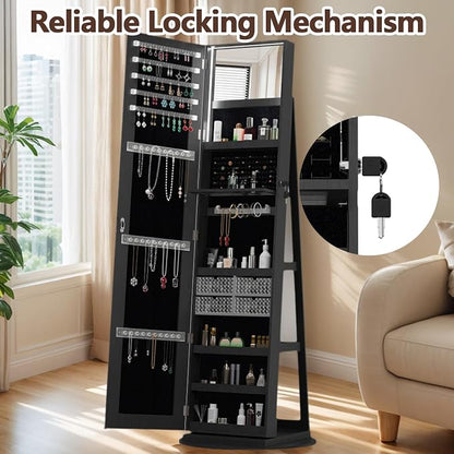 360° Swivel Jewelry Armoire with Full-Length Mirror, Lockable Standing Jewelry Cabinet Organizer w/ Inside Makeup Mirror, Back Storage Shelves for Bedroom, Cloakroom, Living Room (Antique Black1)